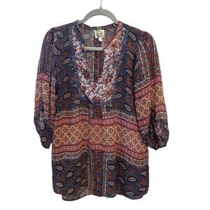 Fig and Flower Blue Orange Paisley Boho Tunic V-Neck‎ Women’s Size Small